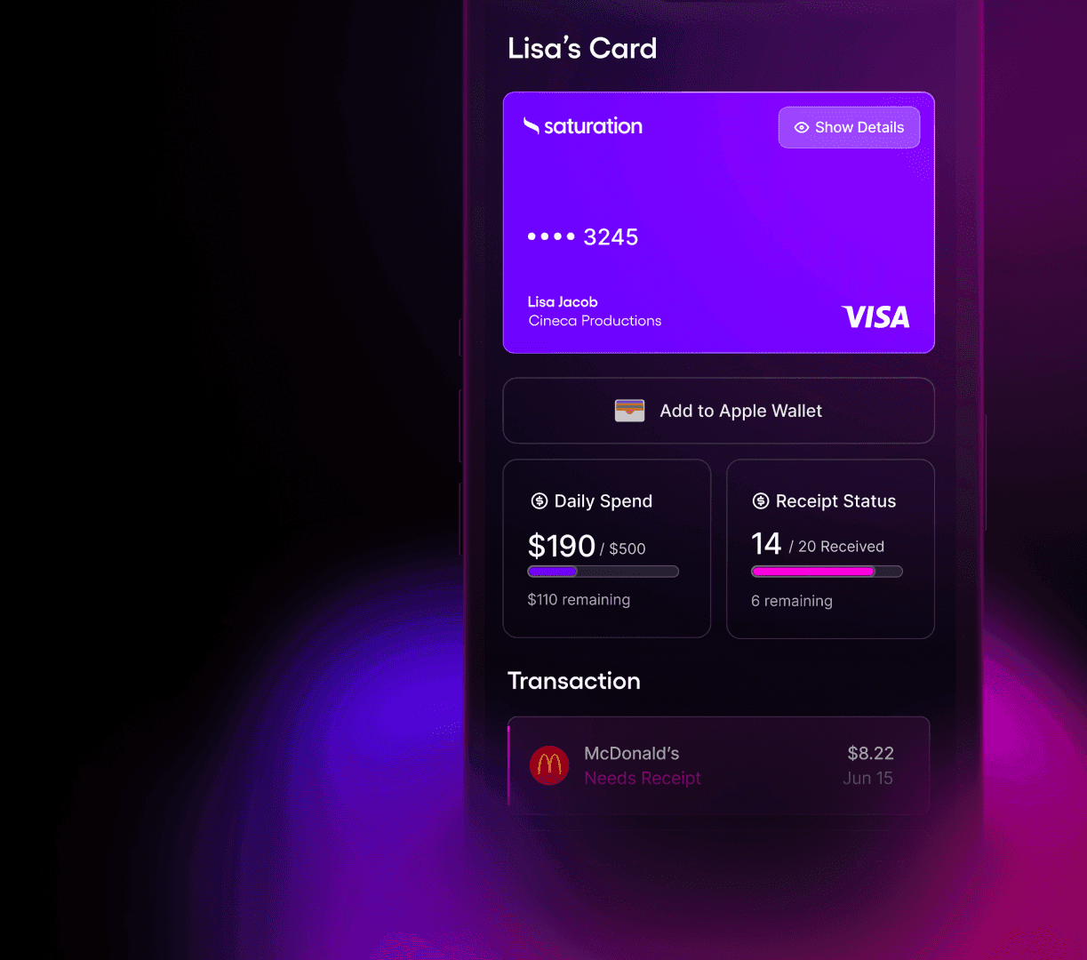 Saturation Wallet mobile app showing Lisa's Card, daily spend tracking, receipt status, and transactions
